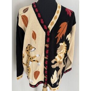 Storybook Knits Fall Animal Cardigan Leopard Leaves Sweater 3X Plus Lion